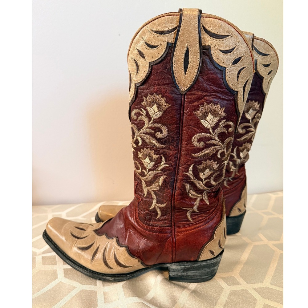 Old Gringo Cowboy Boots Women 9.5 B Burgundy Cream Floral‎ Embroidered Leather